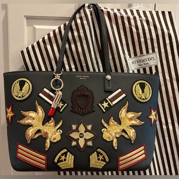 henri bendel Handbags - HENRI BENDEL MILITARY Zippered Tote Gold/Red Embroidered Patches & Lipstick Fob💄